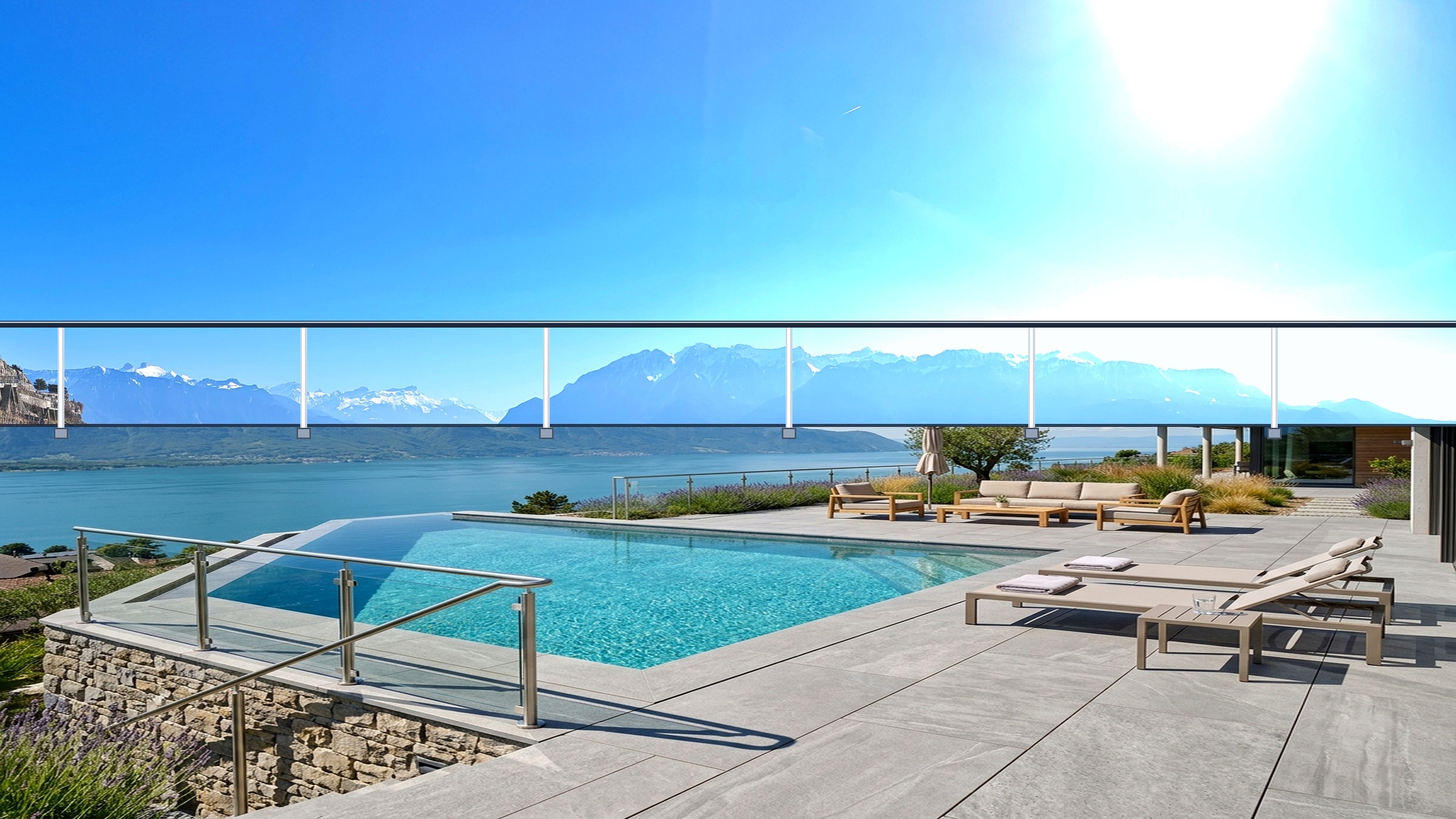 Plage de piscine carrelage aspect pierre travertin beige Thonon
