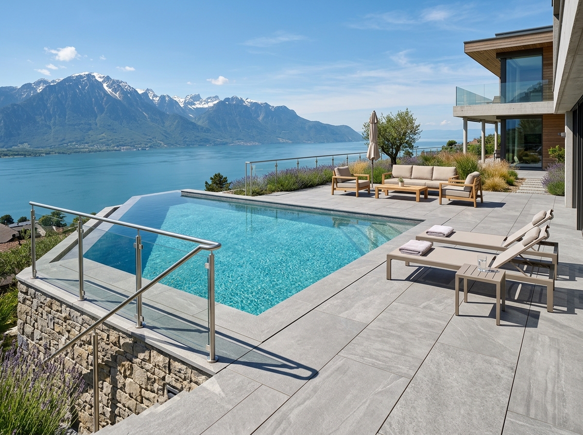 Pose de carrelage extérieur terrasse sur plots vue Lac Léman à Évian